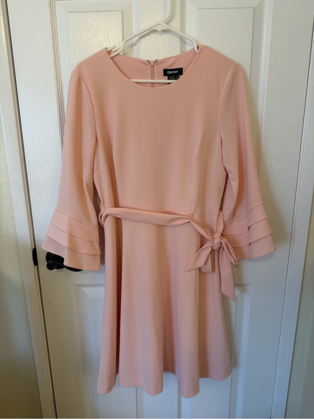 DKNY Light Pink Long-Sleeve Belted Fit & Flare Dress